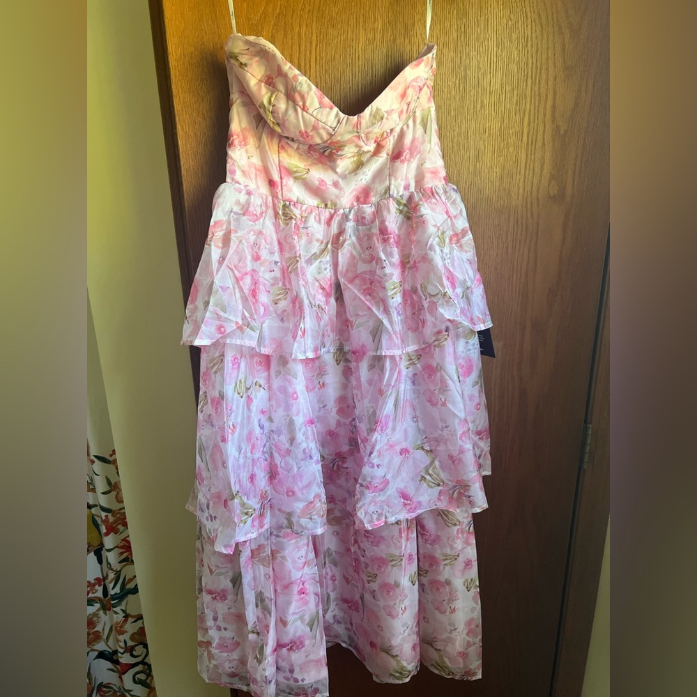 Lulus Pristine Cutie Light Pink Floral Organza Bustier Midi Dress - Size M - Picture 2 of 4